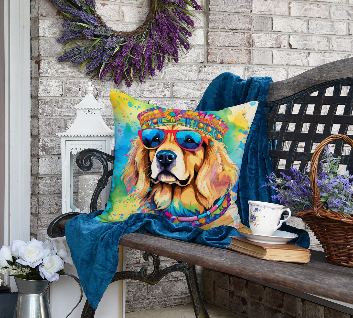 Golden Retriever Hippie Dawg Throw Pillow