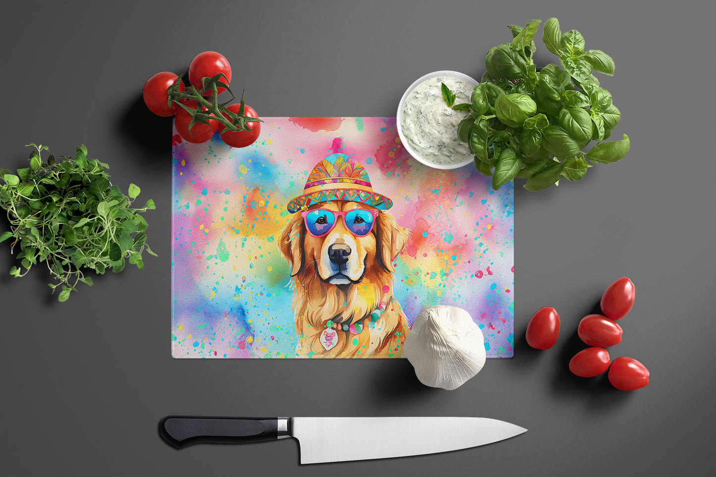 Golden Retriever Hippie Dawg Glass Cutting Board