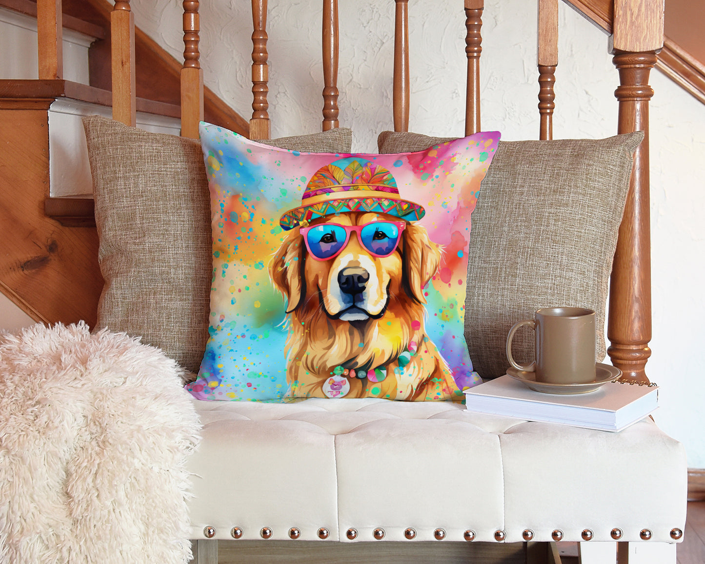 Golden Retriever Hippie Dawg Throw Pillow