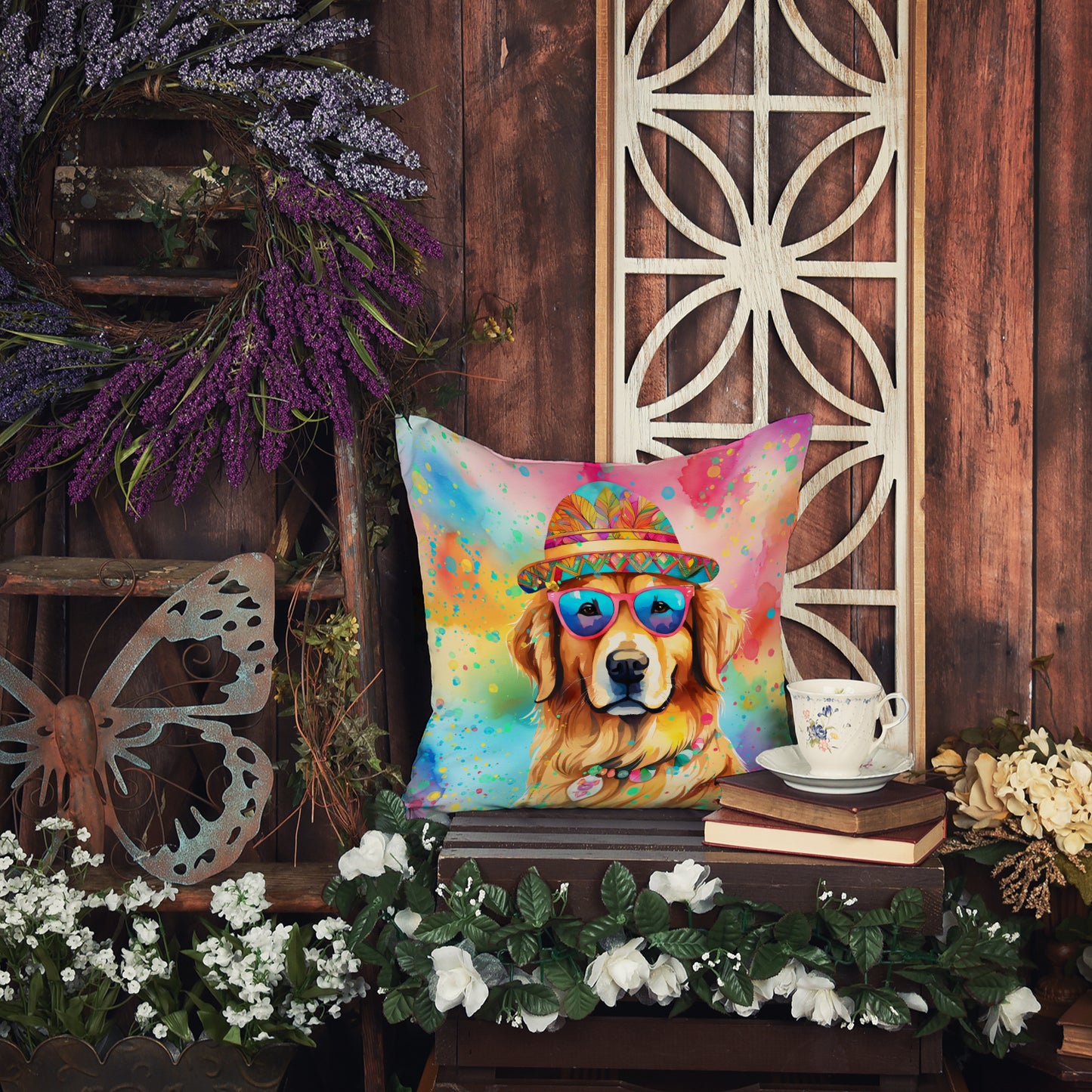 Golden Retriever Hippie Dawg Throw Pillow