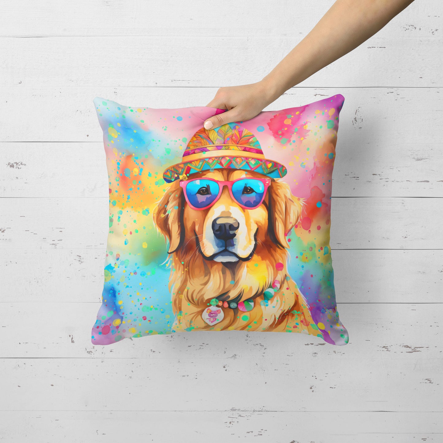 Golden Retriever Hippie Dawg Throw Pillow