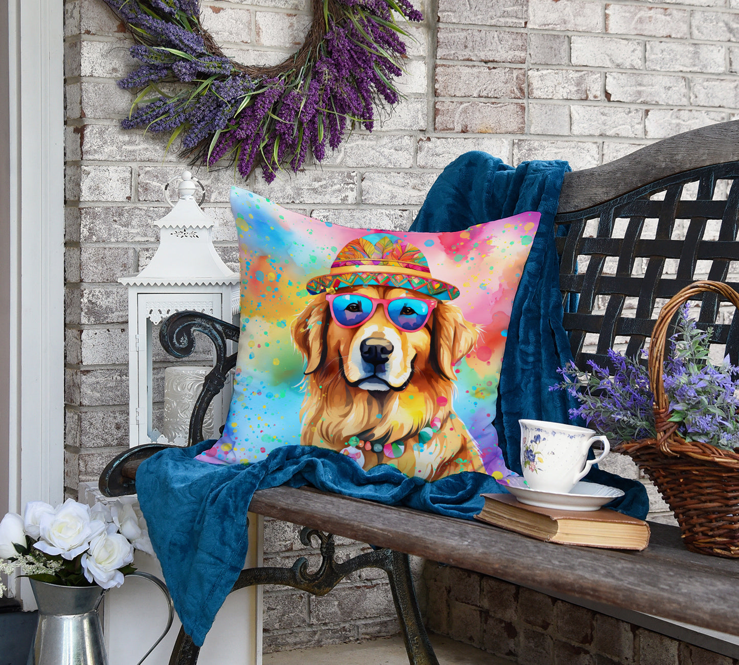 Golden Retriever Hippie Dawg Throw Pillow