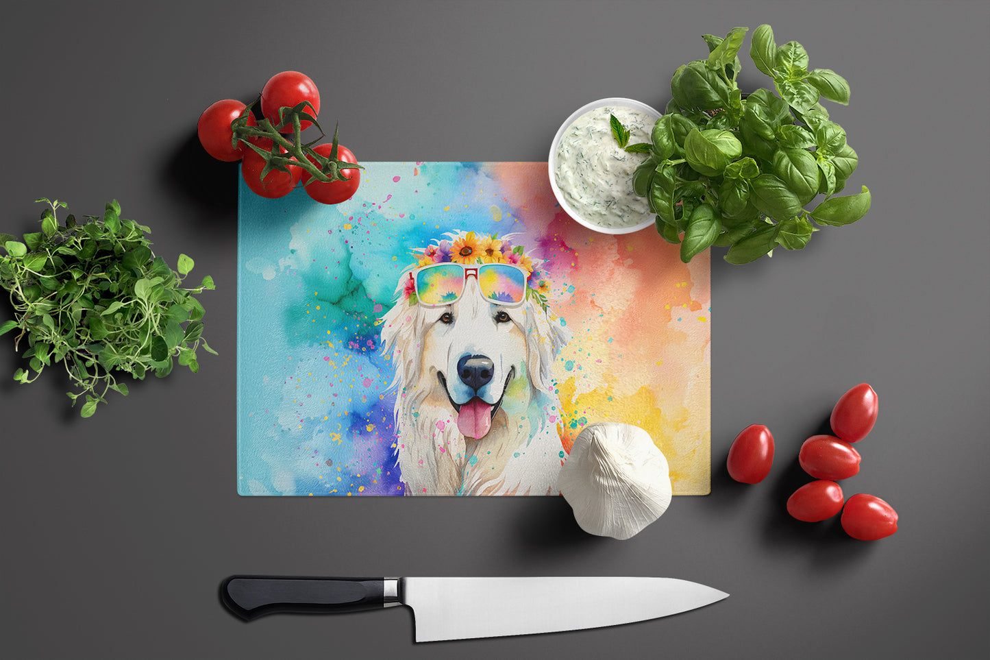 Great Pyrenees Hippie Dawg Glass Cutting Board