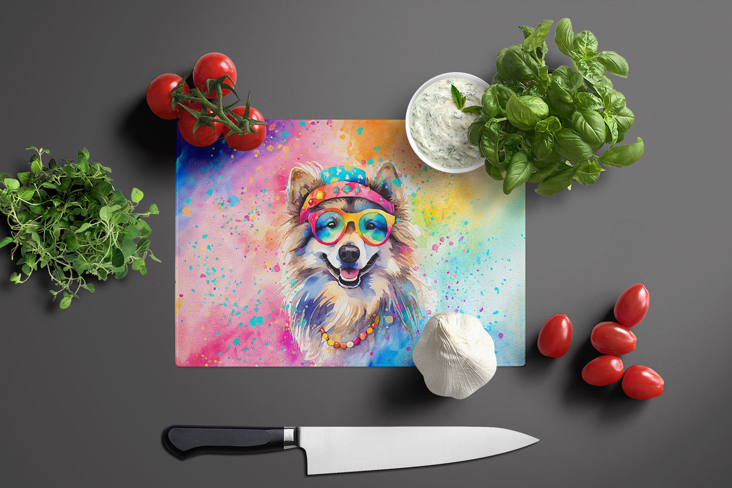 Keeshond Hippie Dawg Glass Cutting Board