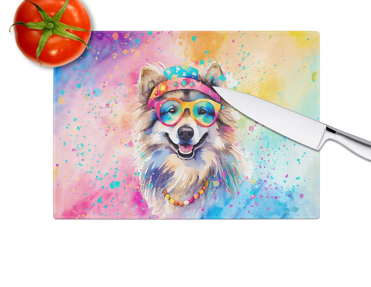 Keeshond Hippie Dawg Glass Cutting Board