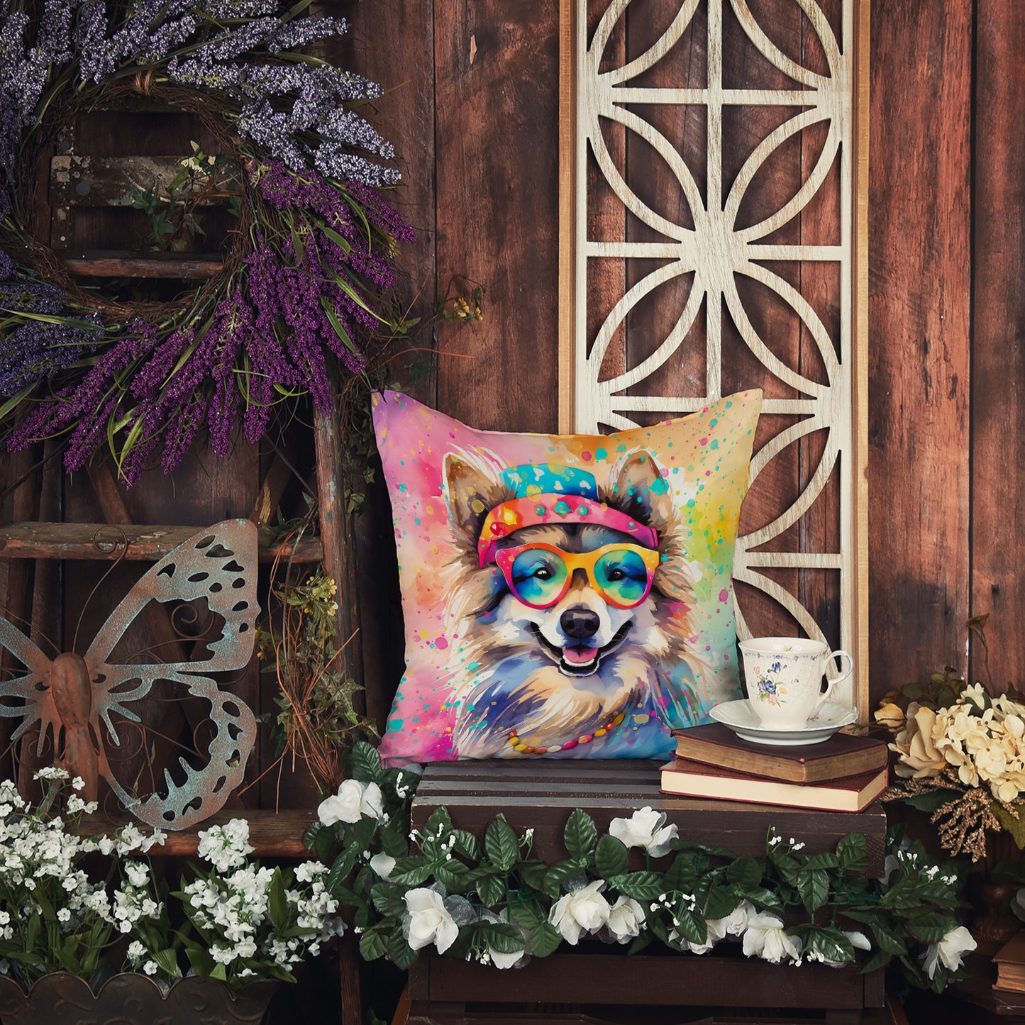 Keeshond Hippie Dawg Throw Pillow