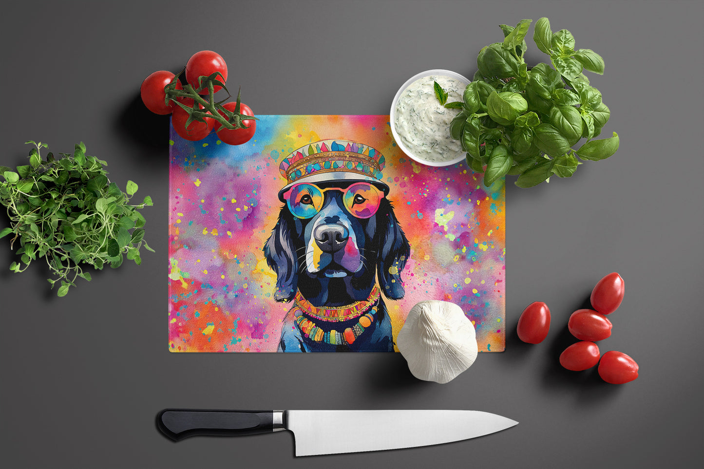 Black Labrador Hippie Dawg Glass Cutting Board