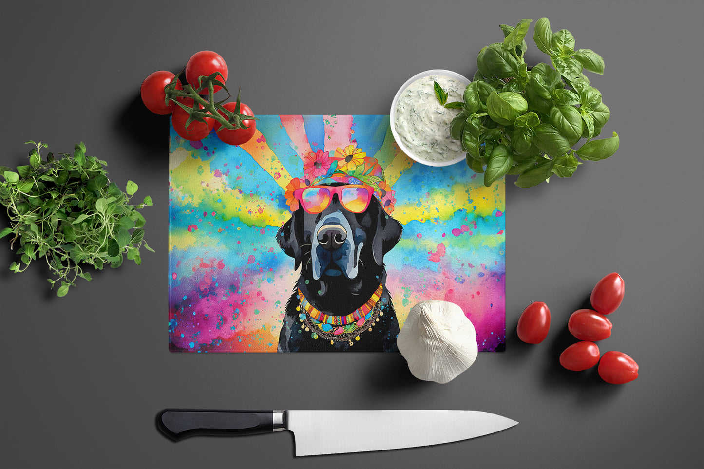 Black Labrador Hippie Dawg Glass Cutting Board