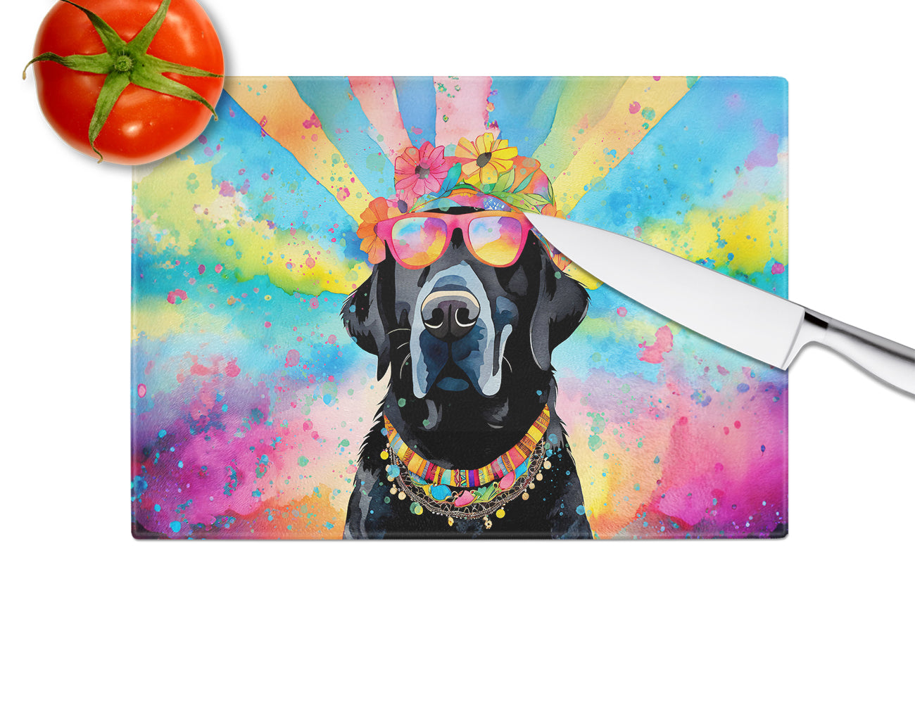 Black Labrador Hippie Dawg Glass Cutting Board