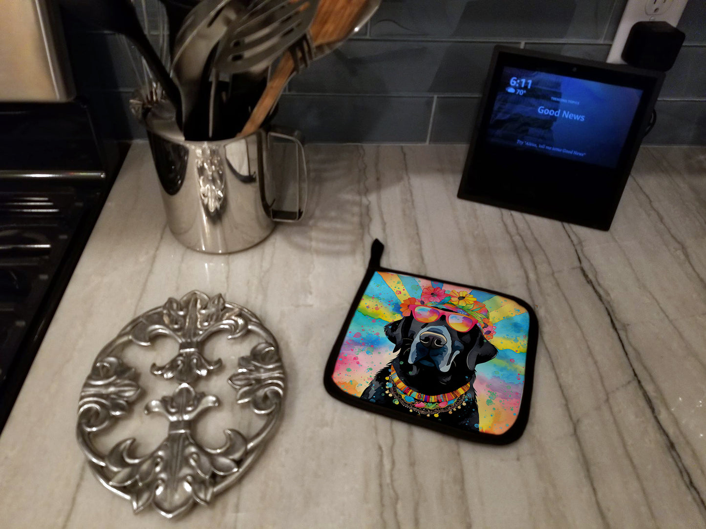 Black Labrador Hippie Dawg Pair of Pot Holders