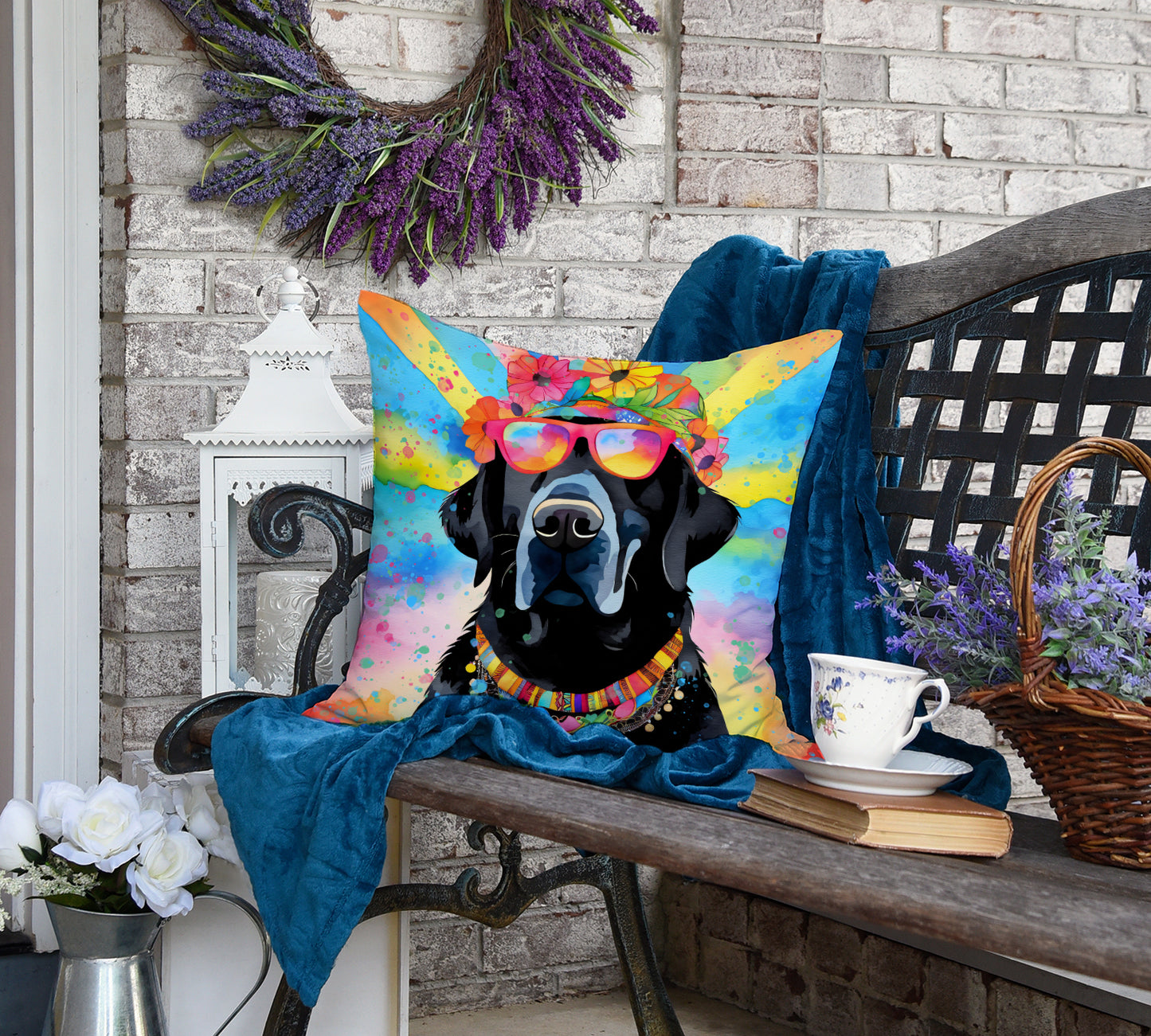 Black Labrador Hippie Dawg Throw Pillow