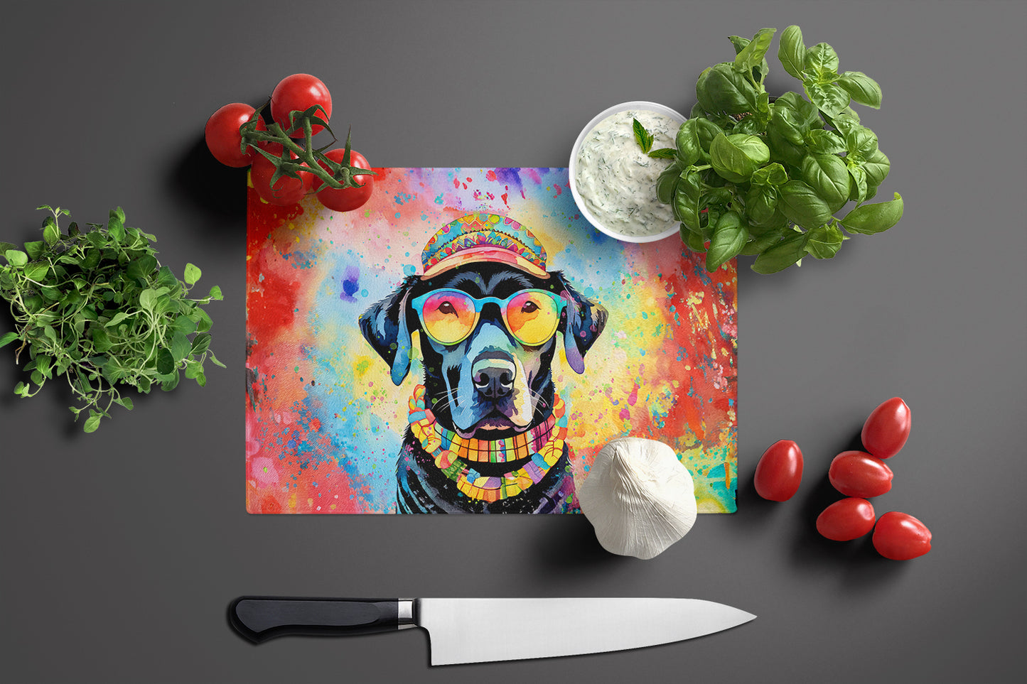 Black Labrador Hippie Dawg Glass Cutting Board