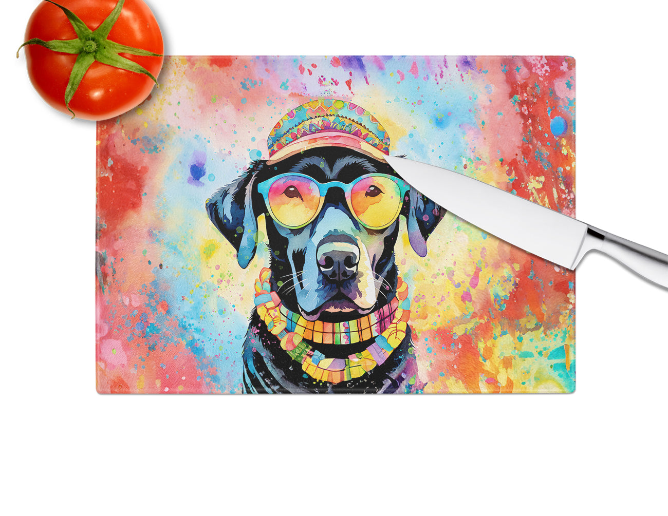 Black Labrador Hippie Dawg Glass Cutting Board