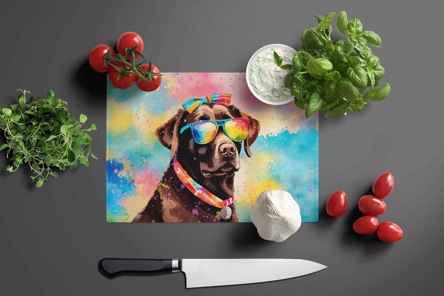 Chocolate Labrador Hippie Dawg Glass Cutting Board