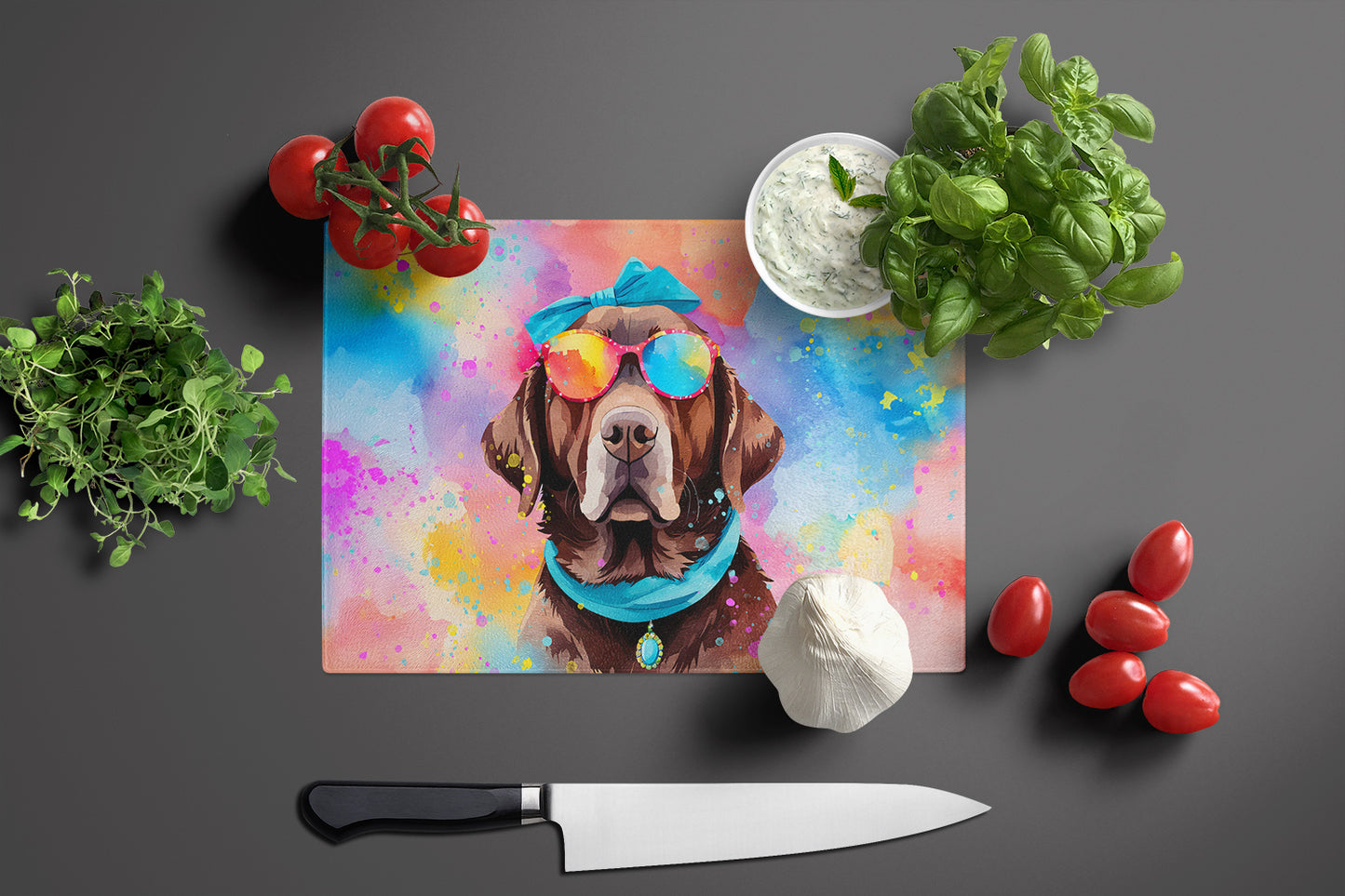 Chocolate Labrador Hippie Dawg Glass Cutting Board