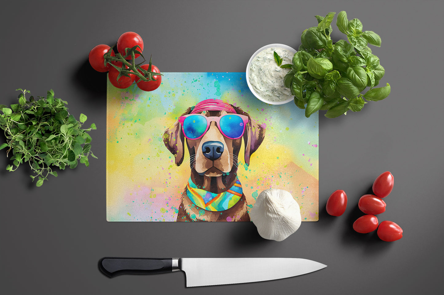 Chocolate Labrador Hippie Dawg Glass Cutting Board