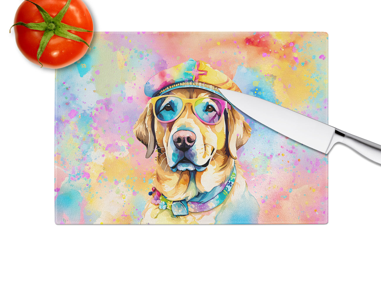 Yellow Labrador Hippie Dawg Glass Cutting Board