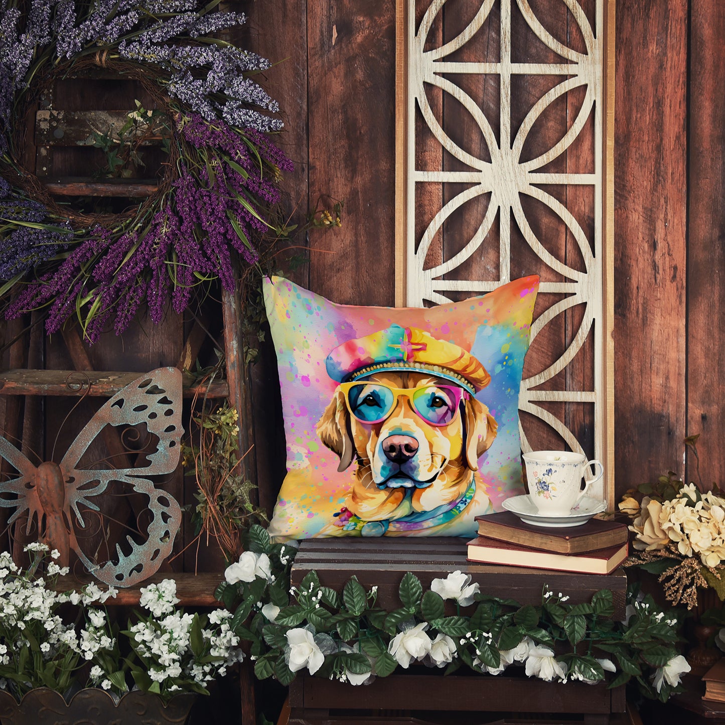 Yellow Labrador Hippie Dawg Throw Pillow