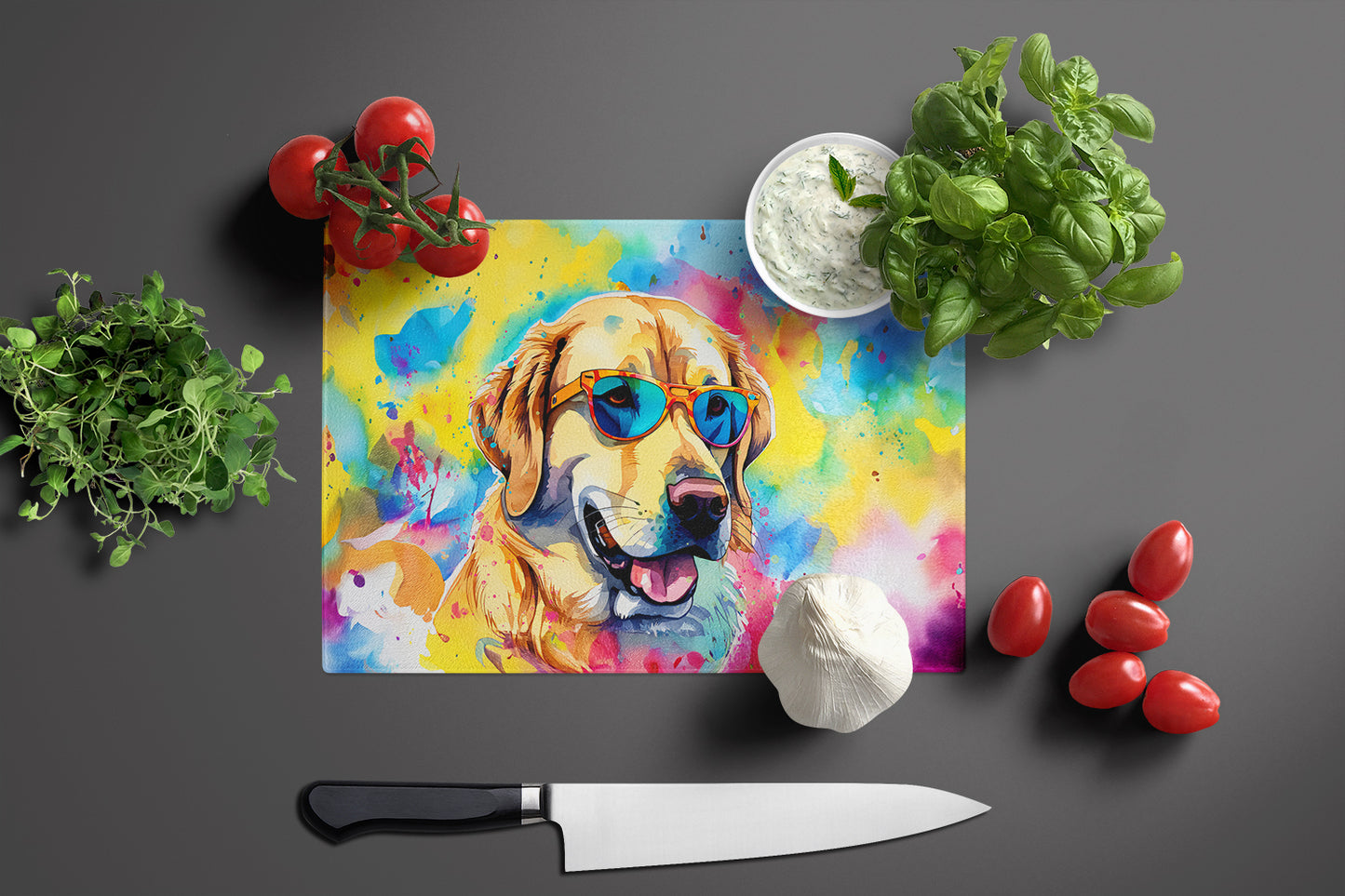 Yellow Labrador Hippie Dawg Glass Cutting Board