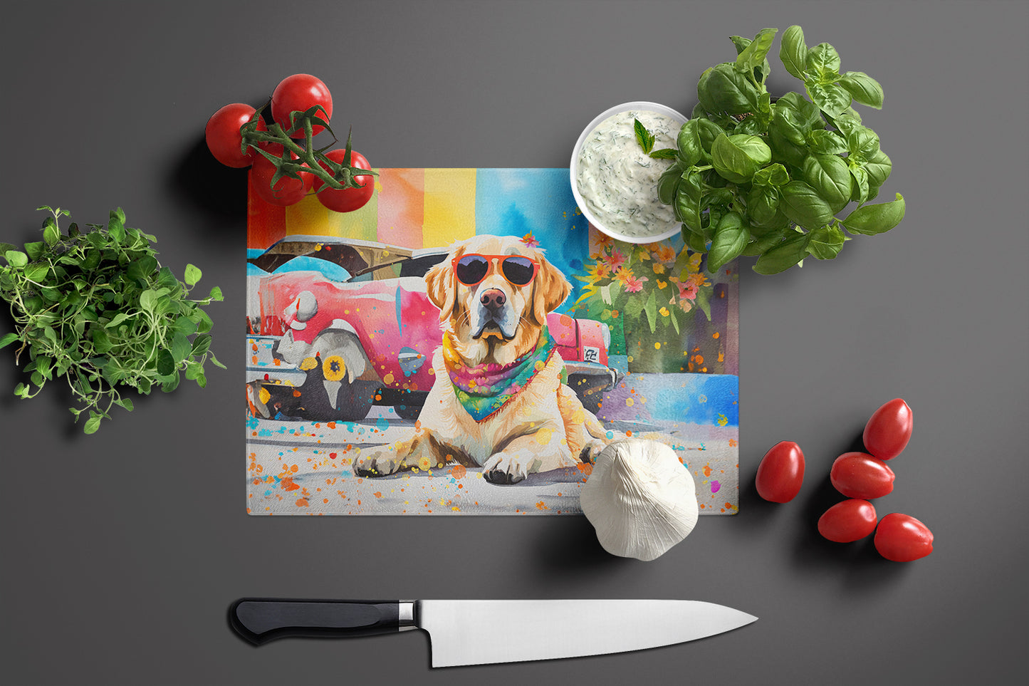 Yellow Labrador Hippie Dawg Glass Cutting Board