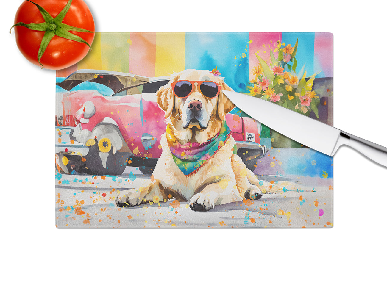 Yellow Labrador Hippie Dawg Glass Cutting Board