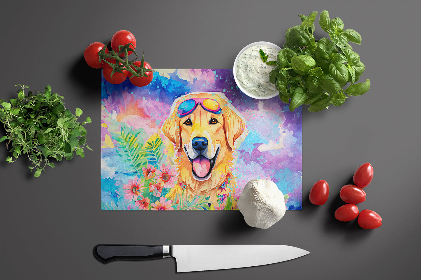 Yellow Labrador Hippie Dawg Glass Cutting Board