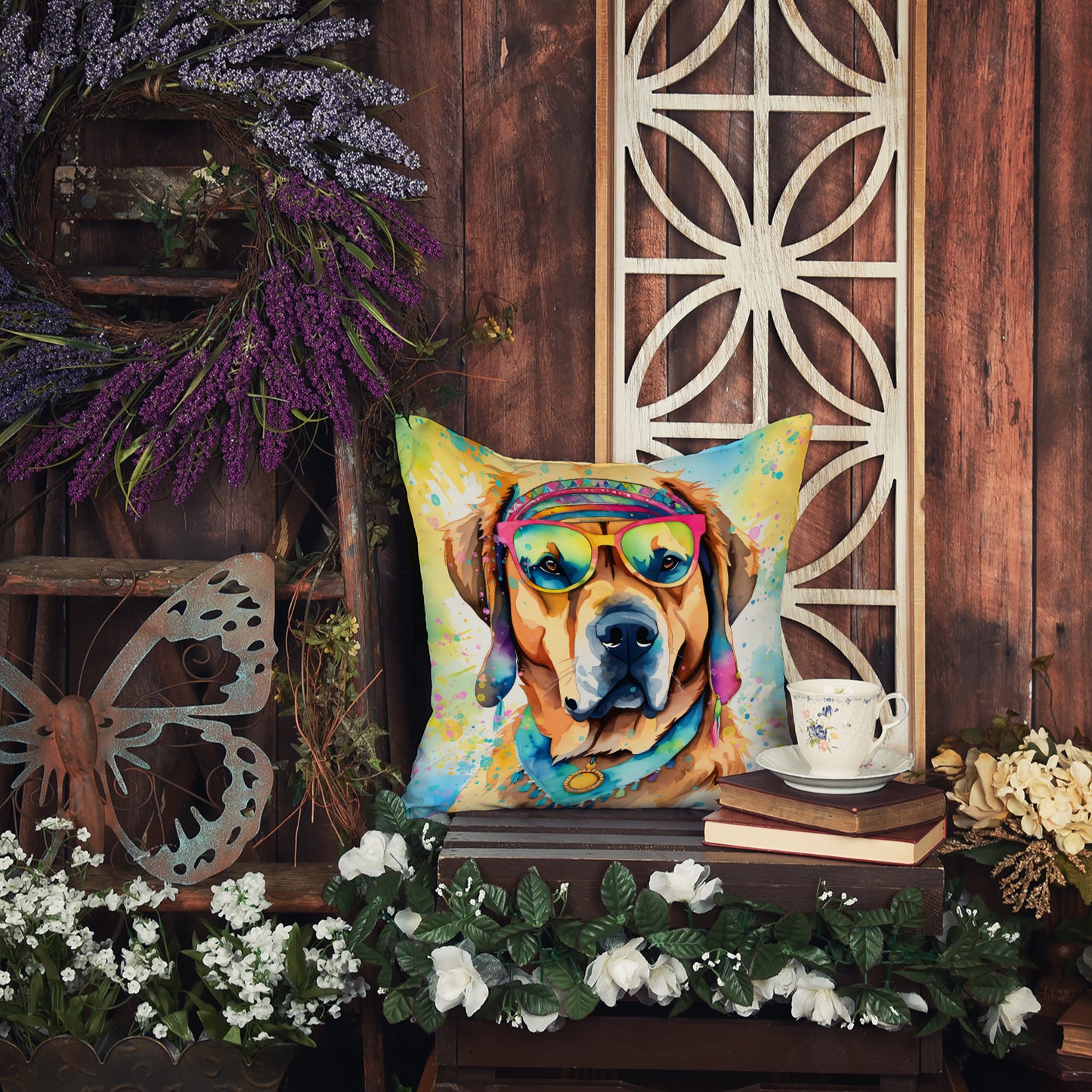 Mastiff Hippie Dawg Throw Pillow