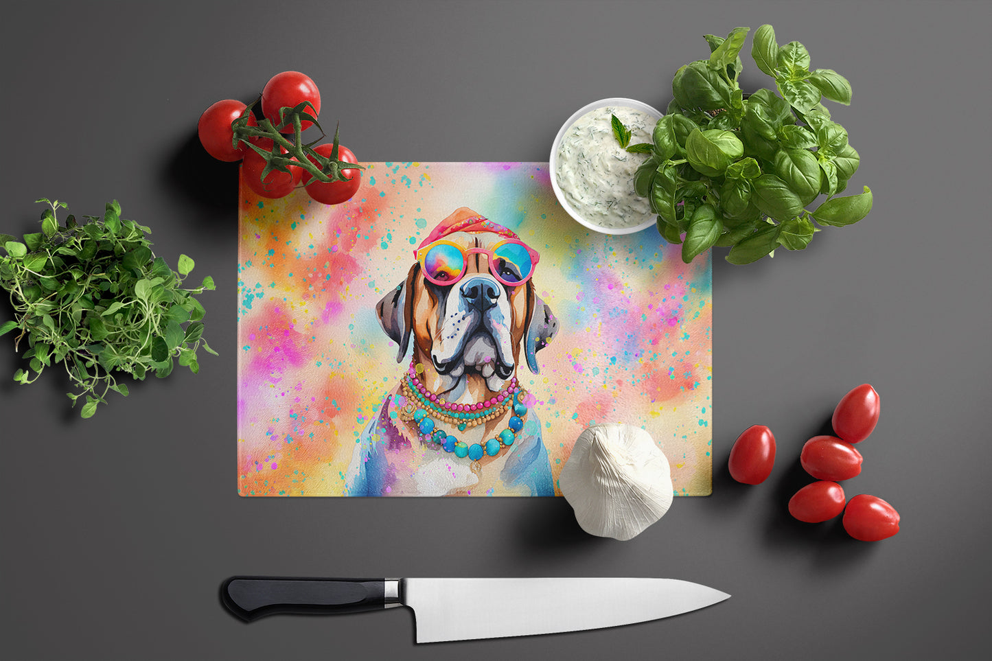 Mastiff Hippie Dawg Glass Cutting Board