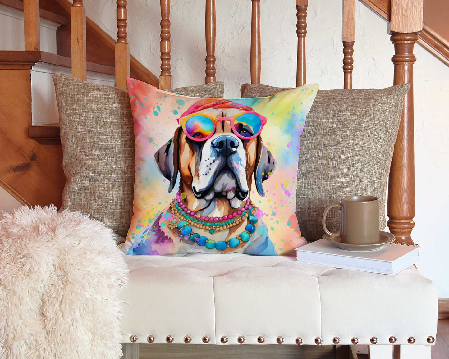 Mastiff Hippie Dawg Throw Pillow