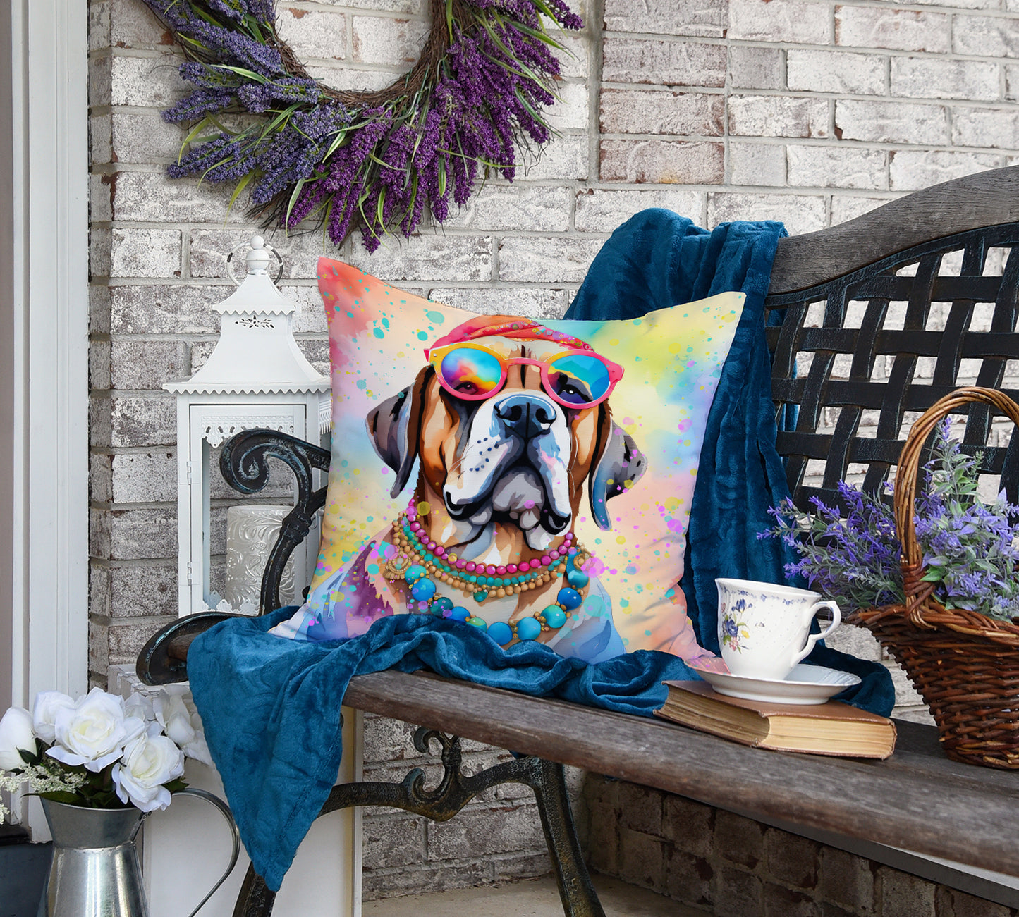 Mastiff Hippie Dawg Throw Pillow