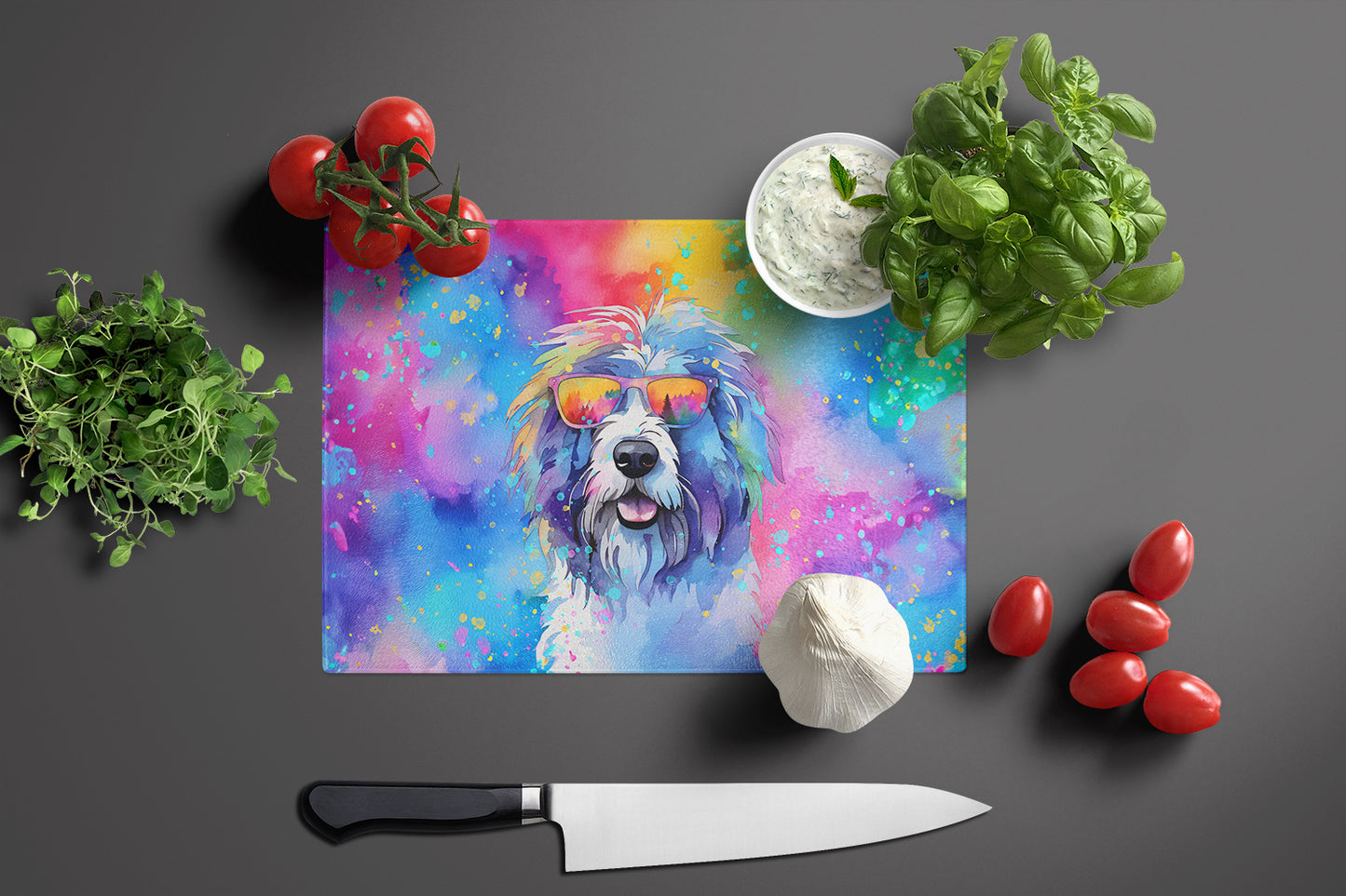 Old English Sheepdog Hippie Dawg Glass Cutting Board