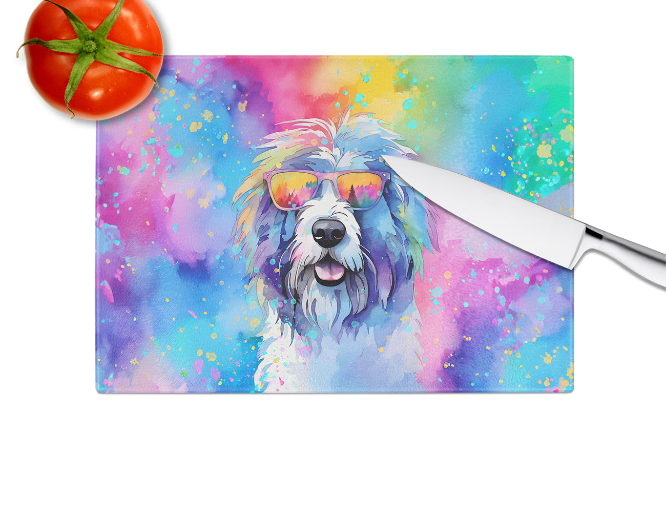 Old English Sheepdog Hippie Dawg Glass Cutting Board