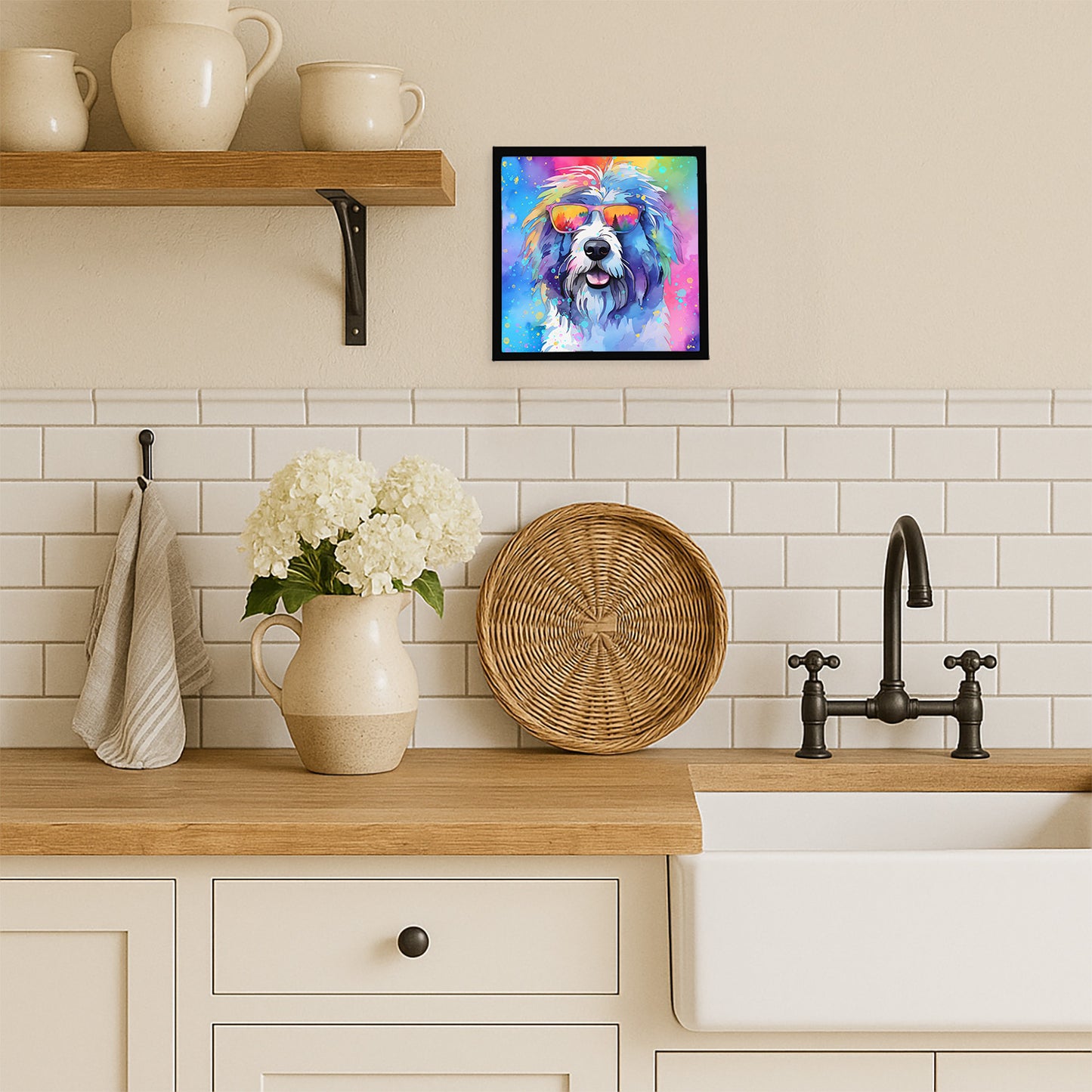 Old English Sheepdog Hippie Dawg Framed Metal Print