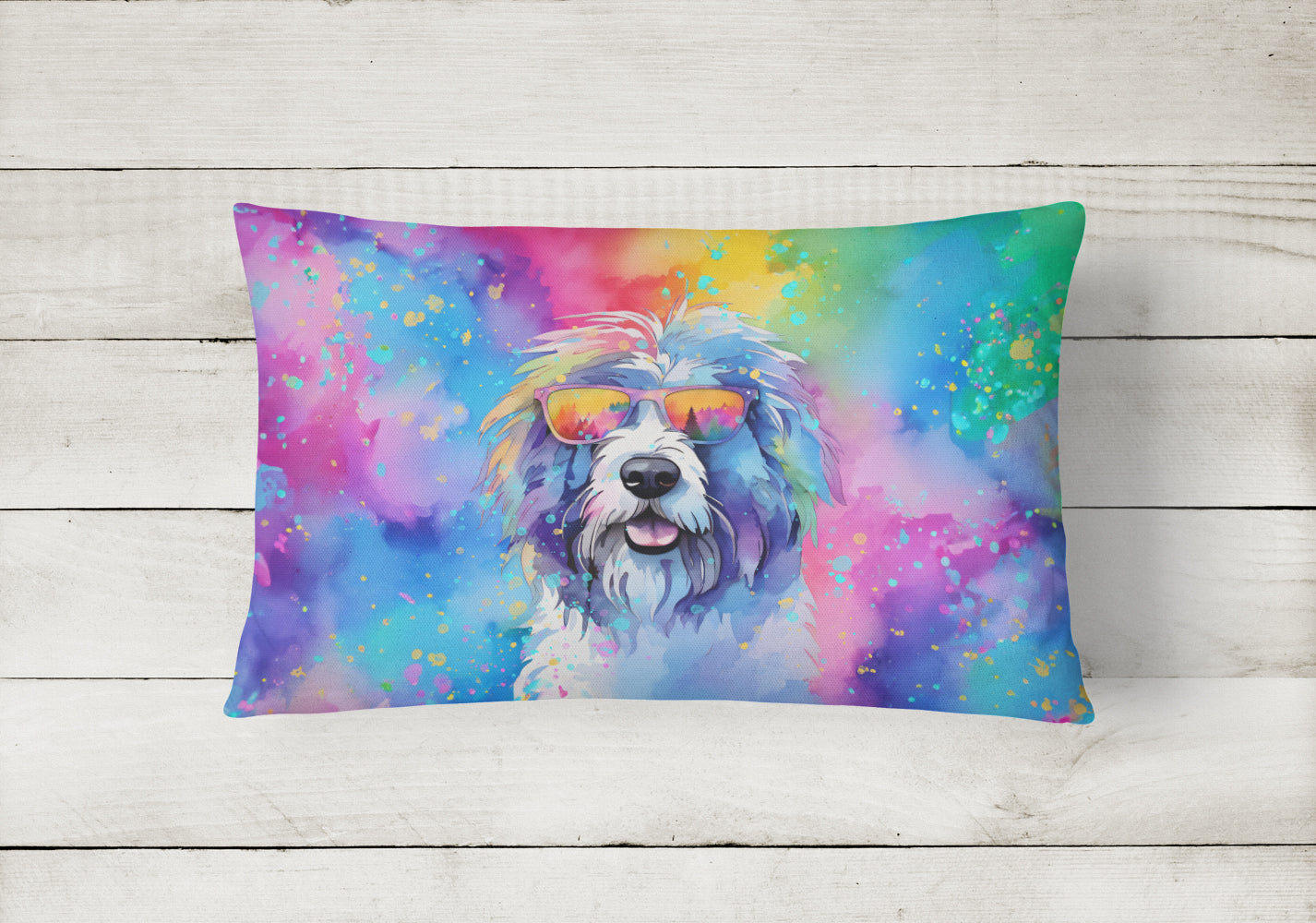 Old English Sheepdog Hippie Dawg Throw Pillow