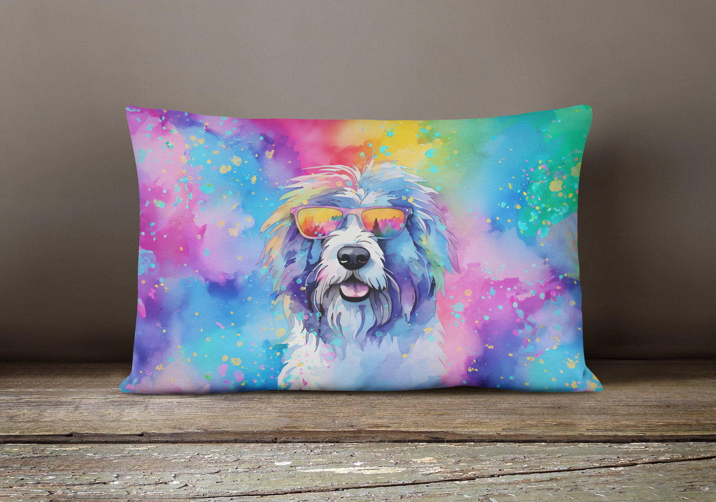 Old English Sheepdog Hippie Dawg Throw Pillow