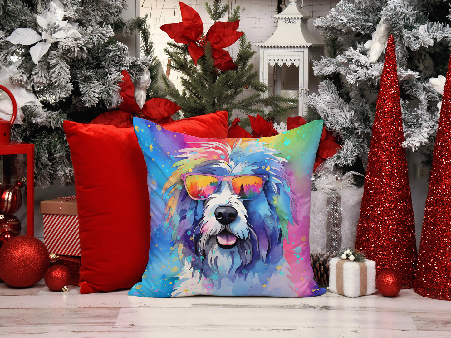 Old English Sheepdog Hippie Dawg Throw Pillow