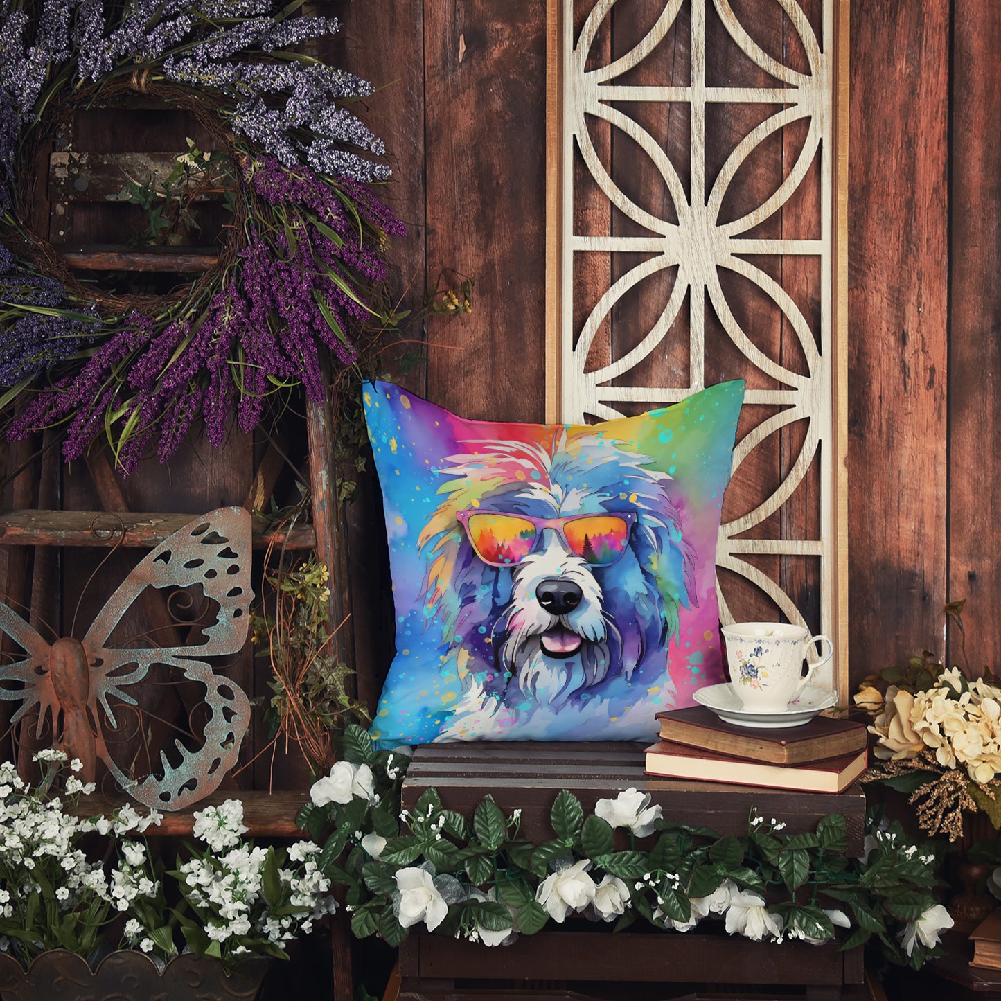 Old English Sheepdog Hippie Dawg Throw Pillow