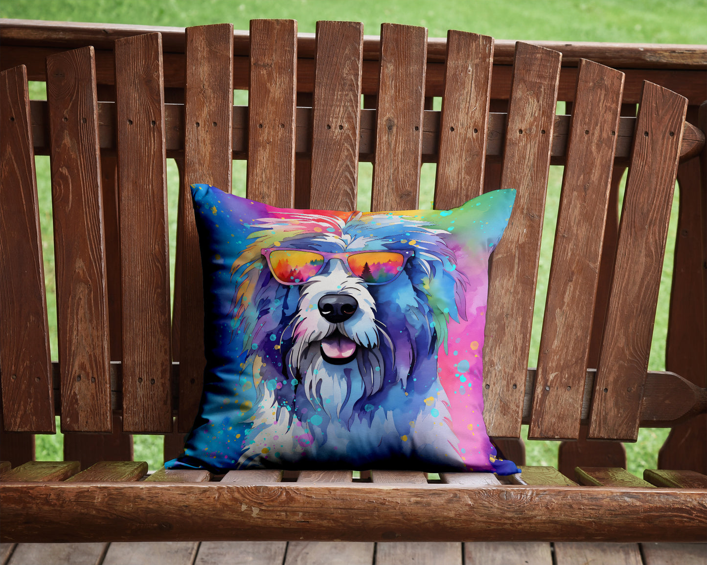 Old English Sheepdog Hippie Dawg Throw Pillow