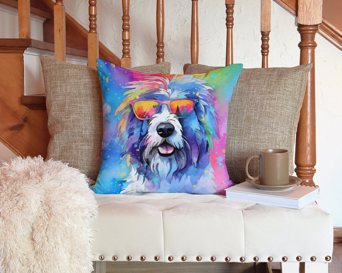 Old English Sheepdog Hippie Dawg Throw Pillow