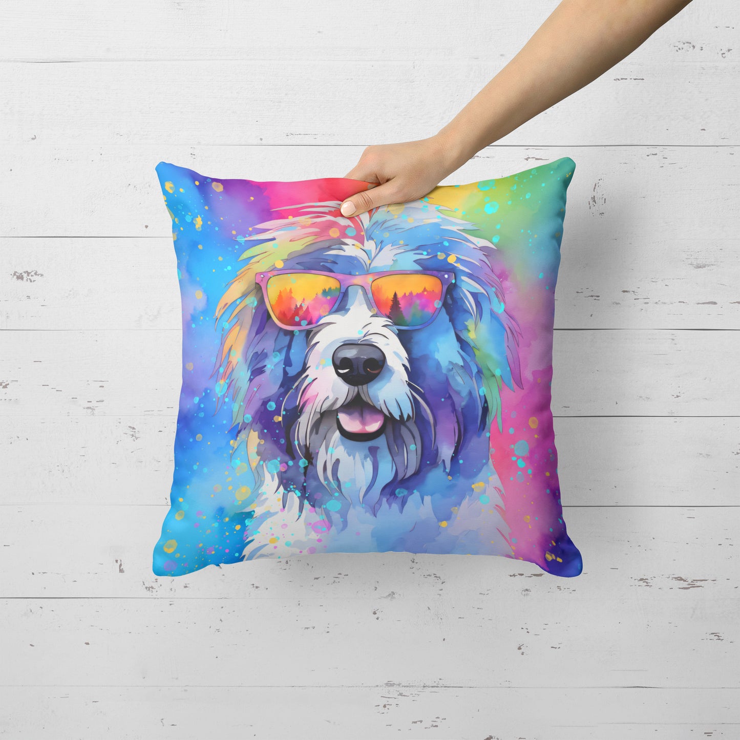 Old English Sheepdog Hippie Dawg Throw Pillow