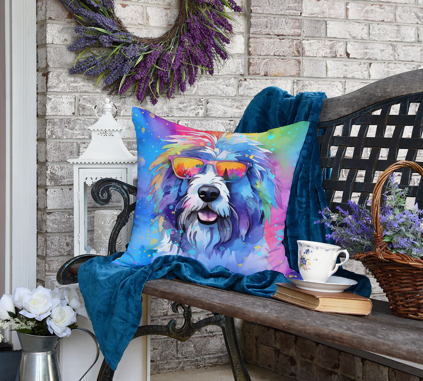 Old English Sheepdog Hippie Dawg Throw Pillow