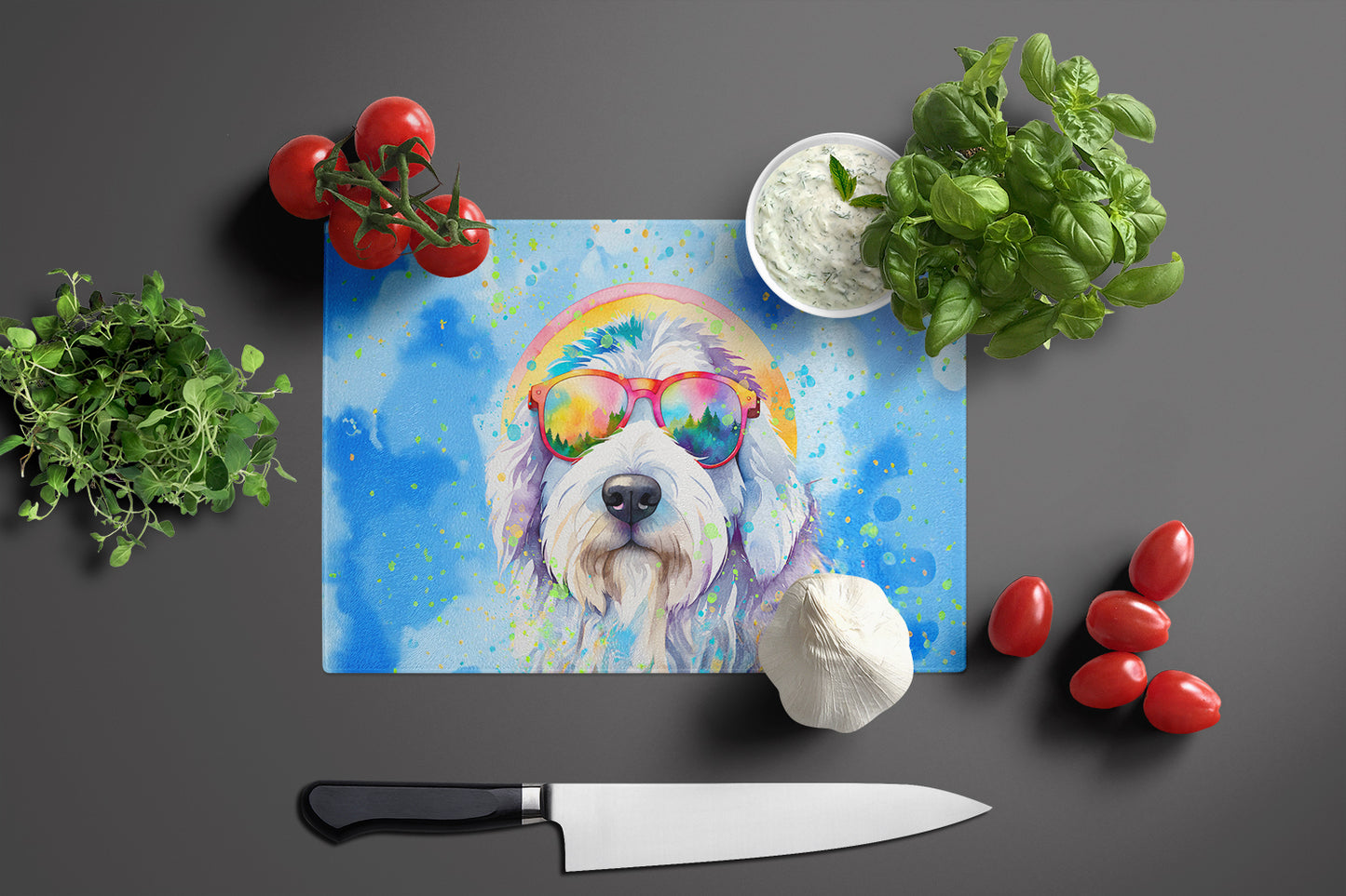 Old English Sheepdog Hippie Dawg Glass Cutting Board