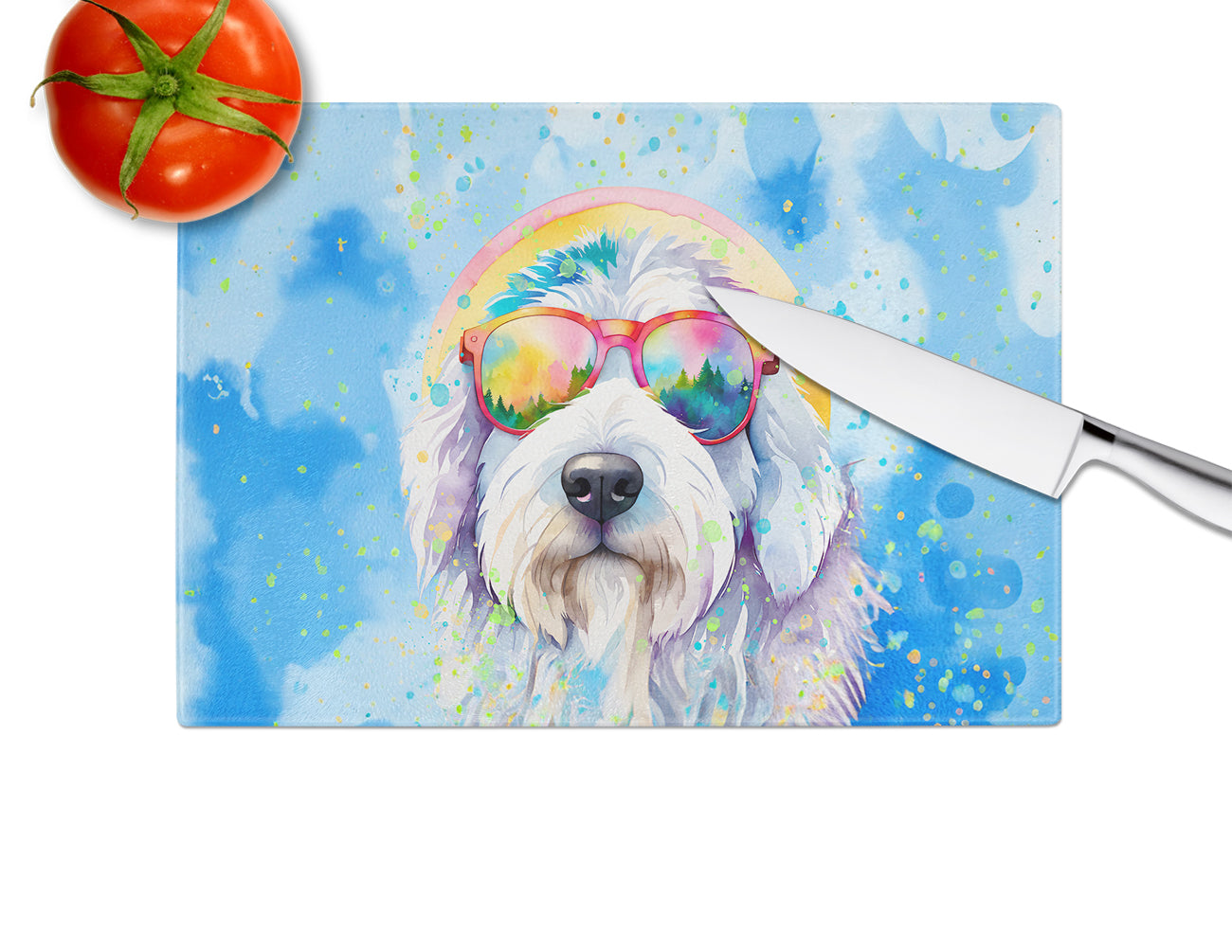 Old English Sheepdog Hippie Dawg Glass Cutting Board