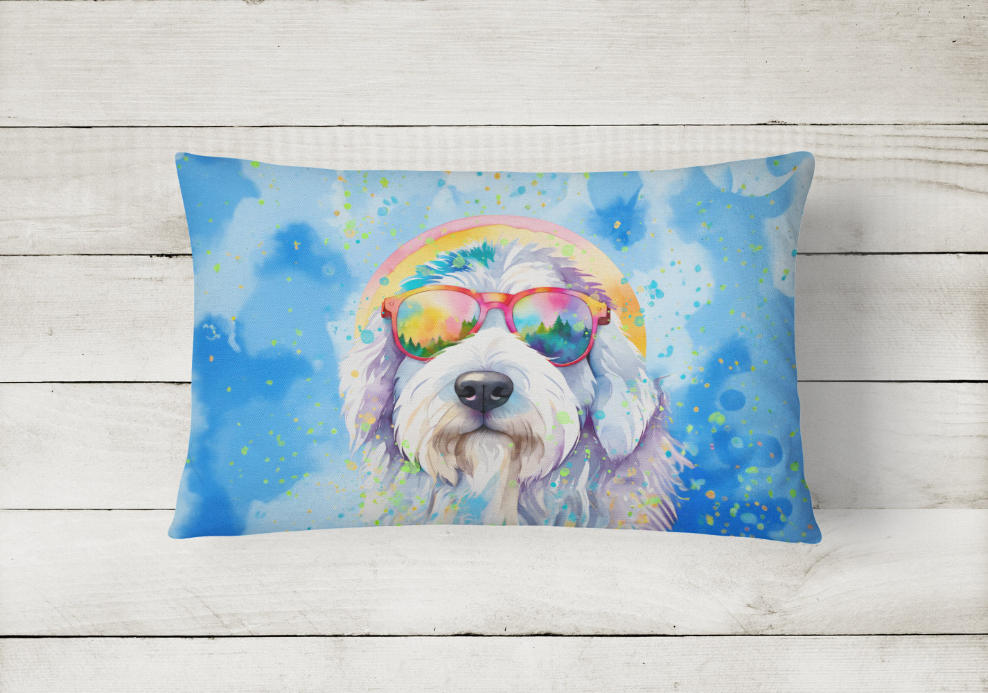 Old English Sheepdog Hippie Dawg Throw Pillow