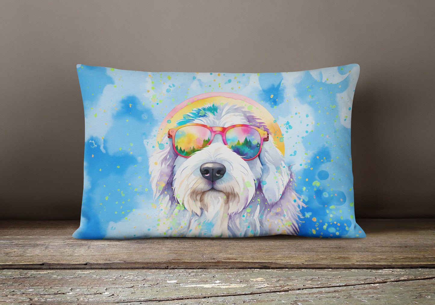 Old English Sheepdog Hippie Dawg Throw Pillow