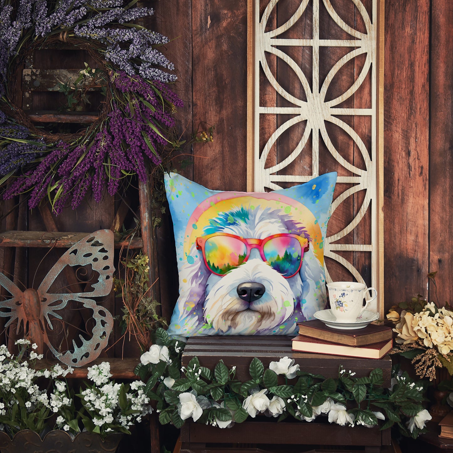 Old English Sheepdog Hippie Dawg Throw Pillow