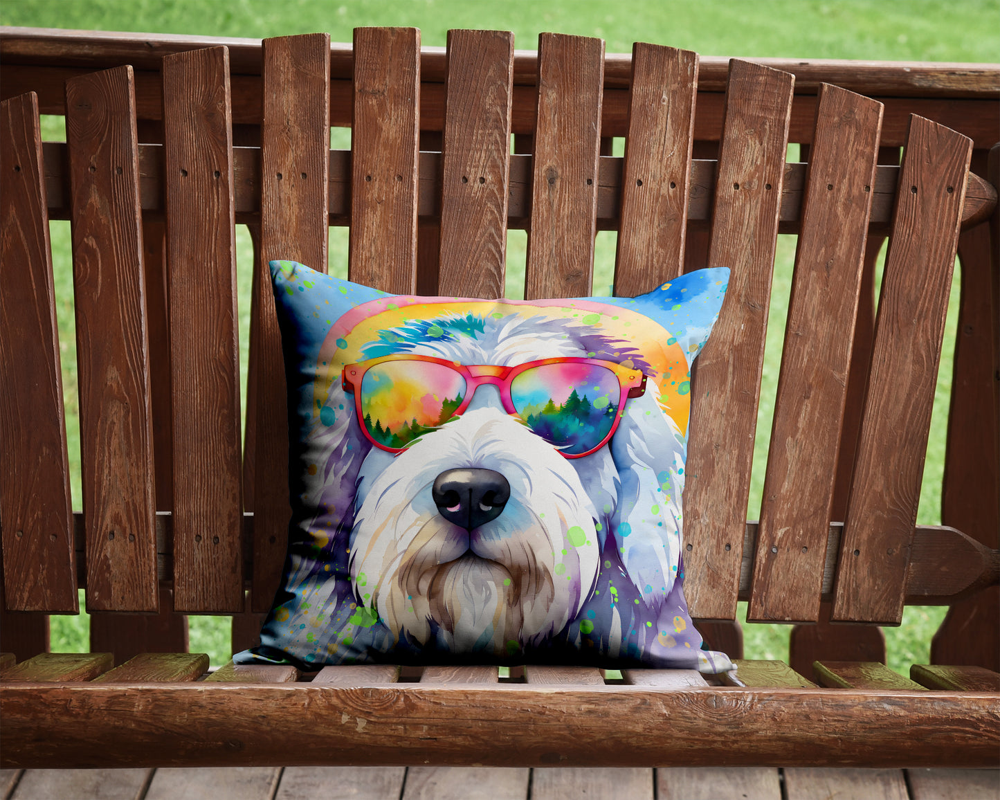 Old English Sheepdog Hippie Dawg Throw Pillow