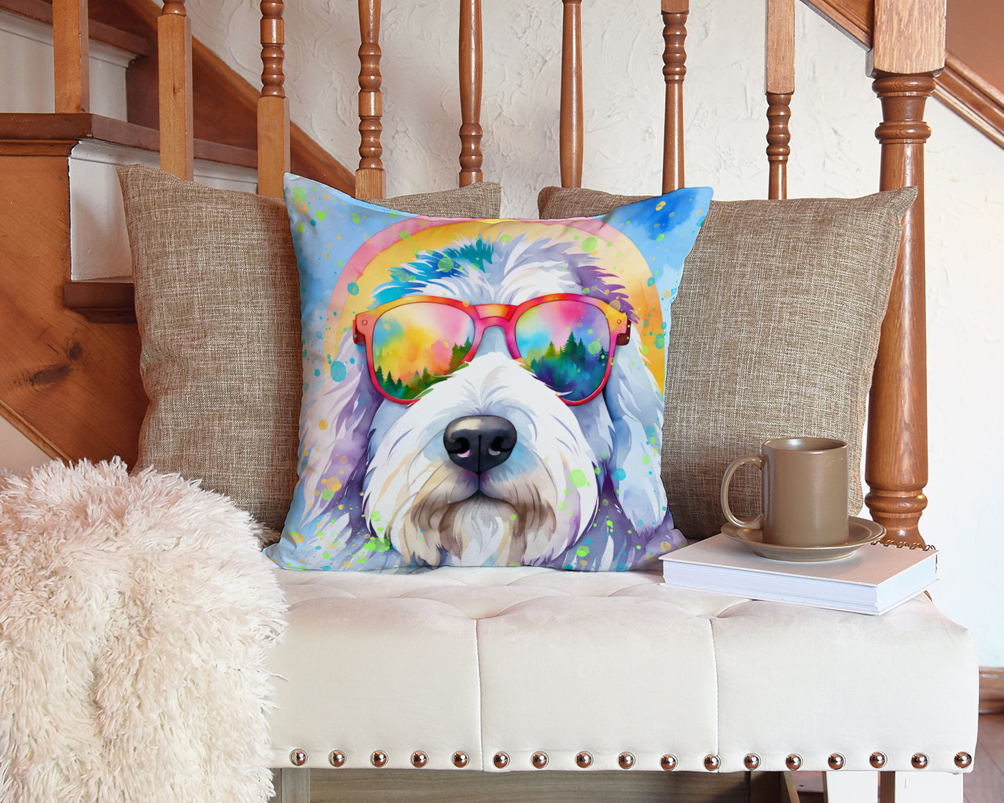 Old English Sheepdog Hippie Dawg Throw Pillow