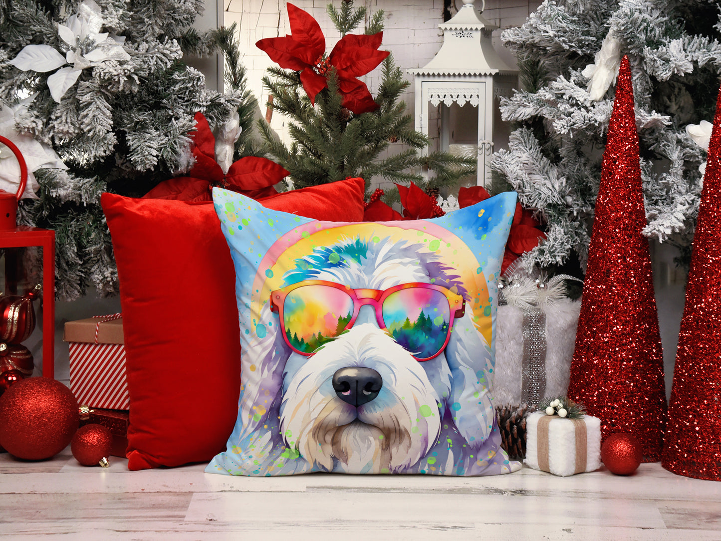 Old English Sheepdog Hippie Dawg Throw Pillow