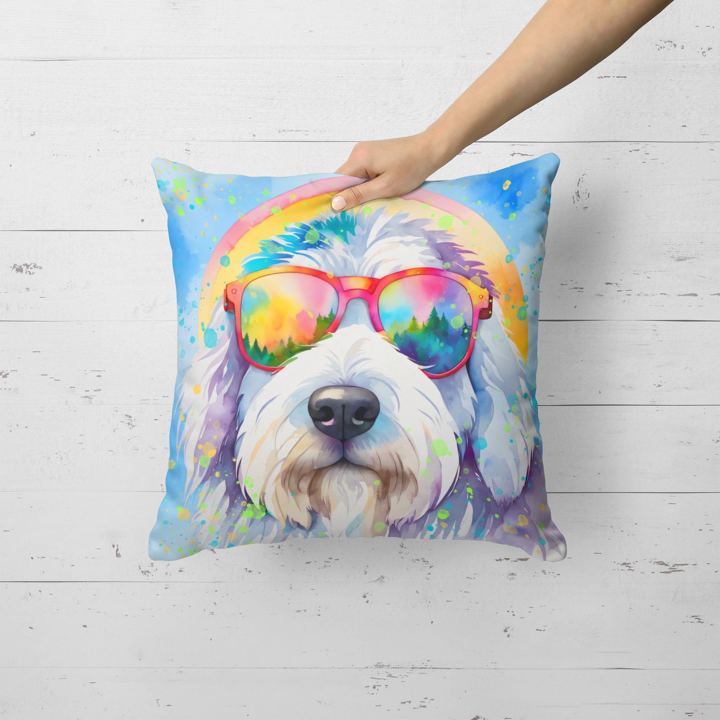 Old English Sheepdog Hippie Dawg Throw Pillow